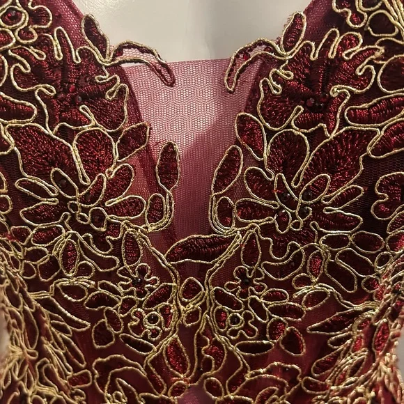 Let’s Sz XS Elegant Burgundy Dress Gold Embroidery Whimsigoth Romantic Dark Goth - Picture 4 of 14